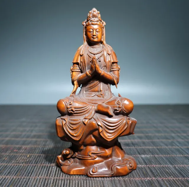 Vintage Chinese Boxwood Carved Kwan Yin Statue Home Decor Wood Figurine Artwork