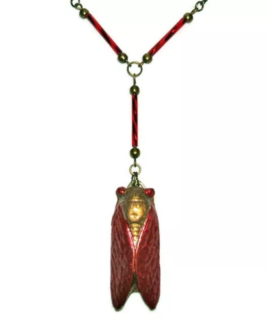 LUCKY CICADA Necklace Egyptian Revival Pendant Vintage Czech RED Glass Beads