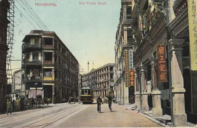 Alte Farb - Ak, Asien, China "Hongkong - Des Voeux Road"; Kleinf.; gel. 1913 s.u