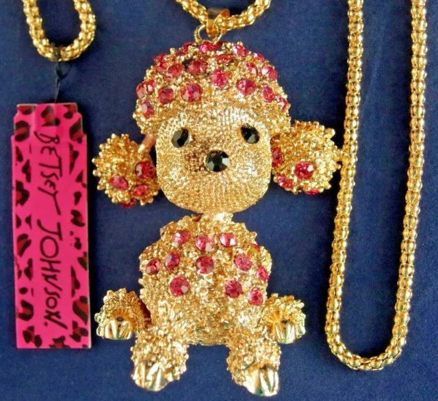 Large 3-D *Articulated* NWT BETSEY JOHNSON PINK RHINESTONE POODLE DOG NECKLACE