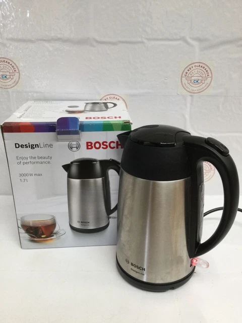 Bosch DesignLine TWK3P420GB Bollitore Elettrico In Acciaio Inox, 1,7 L, 3000 W - Argento E Nero, Base A 360°
