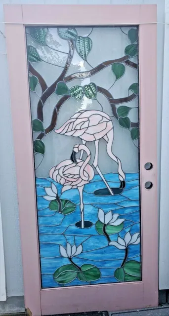 Mid-Century Stained Glass Flamingo Entry Door W/Sidelight Salvage Custom Unique