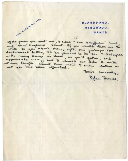 DYLAN THOMAS Handwritten & Signed Letter - Writer / Poet - preprint