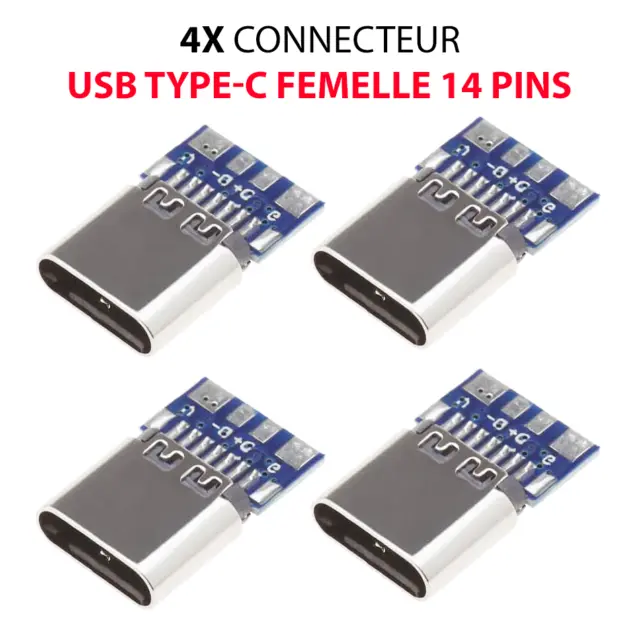 4pcs Connecteur USB Type-C Femelle 14 Pin Broches PCB à souder Fiche Port Prise