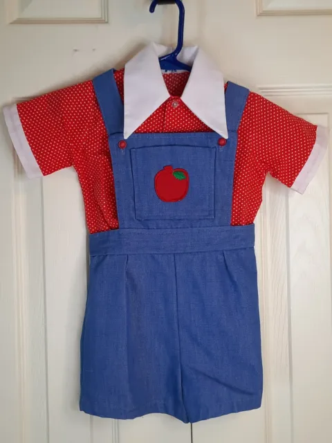Vintage Good Lad Boys Romper Overall Set with Apple ~ Shorts Overalls Red Shirt