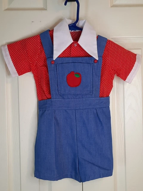Vintage Good Lad Boys Romper Overall Set with Apple ~ Shorts Overalls Red Shirt