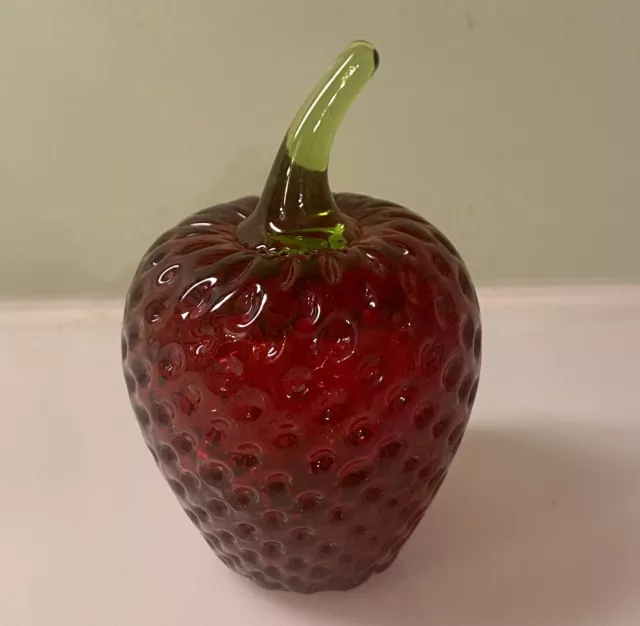 Vintage Viking Art Glass Dimpled Red Strawberry Paperweight Fruit Figurine