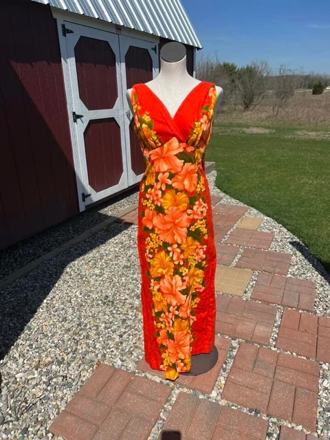 Vintage Hawaiian Togs Floral Maxi Barkcloth Dress Beautiful Never Worn