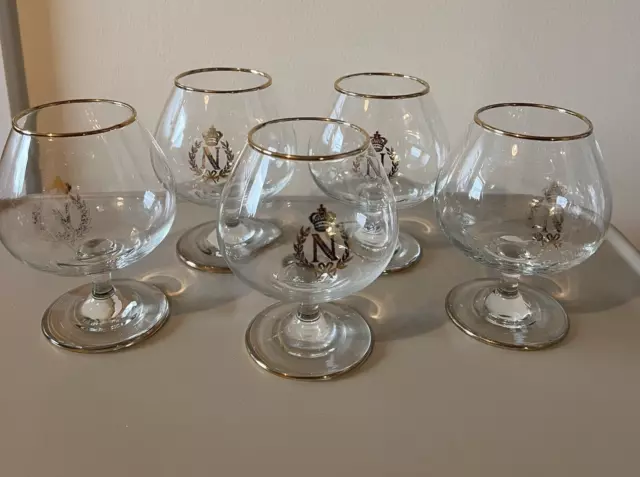 Napoleon Vintage Brandy Cognac Gold rim Balloon glasses x5