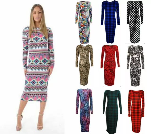 Womens Ladies Long Sleeve Midi Dress Stretch Bodycon Print Jersey Maxi Plus Size