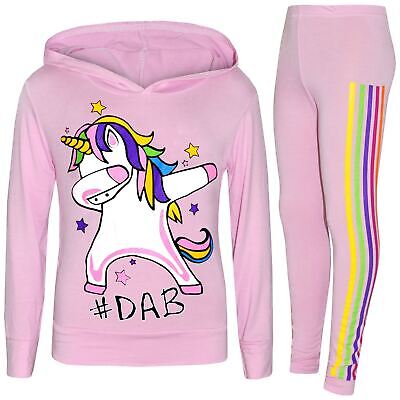 Kids Girls Unicorn Rainbow #Dab Floss Baby Pink Top Legging Sets Xmas Tracksuits