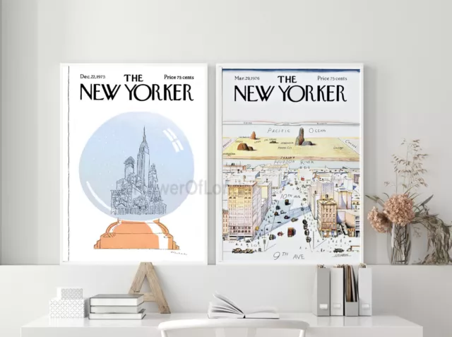 2er Set New Yorker Magazin Cover Drucke The Globe Vintage weich gedämpft, Giclée 2