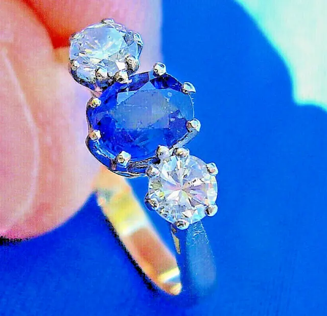 Genuine Sapphire Diamond Deco Engagement Ring Vintage 14k Gold Solitaire size 7