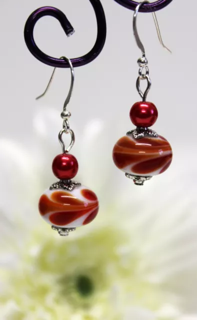 Glass Jewels Silber Ohrringe Ohrhänger Perlen Boho Hippie Lampwork Rot #L012