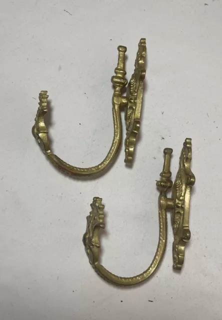 antique ornate Victorian gold gilded bronze curtain rod holder tiebacks brackets 8