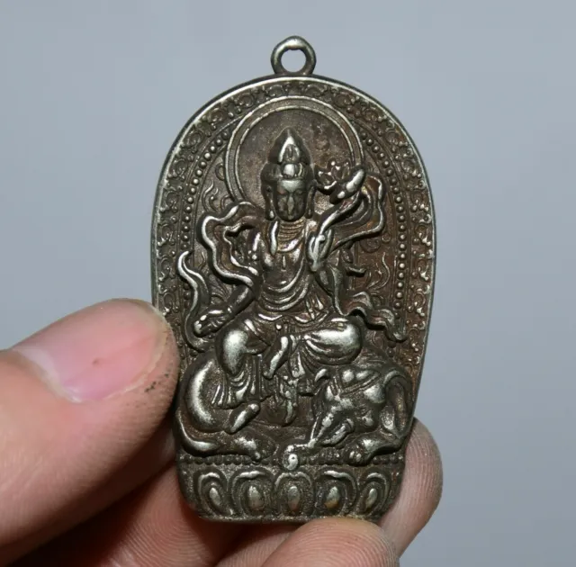 1.8" Old Chinese Buddhism Silver Kwan-Yin Guan Yin Ride Elephant  Pendant Amulet