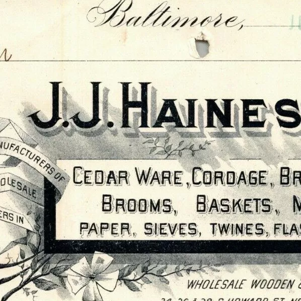 1897 Letterhead Billhead J.J. Haines Cedar Ware Mats Baltimore Ephraim Baker*