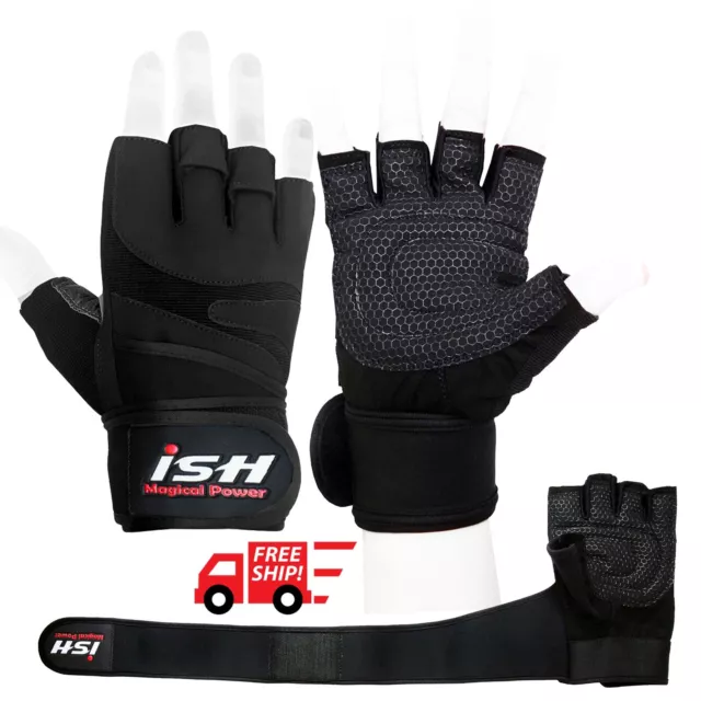 Leather Weight Lifting Gloves Training Gym Exercise Squat Workout long Wraps ISH
