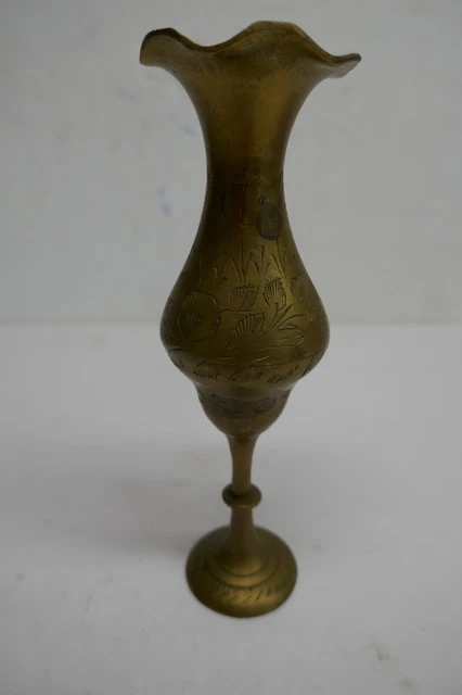 Vintage Engraved   Brass Footed Ruffled Top Edge Bud Vase  Made in India 6 in