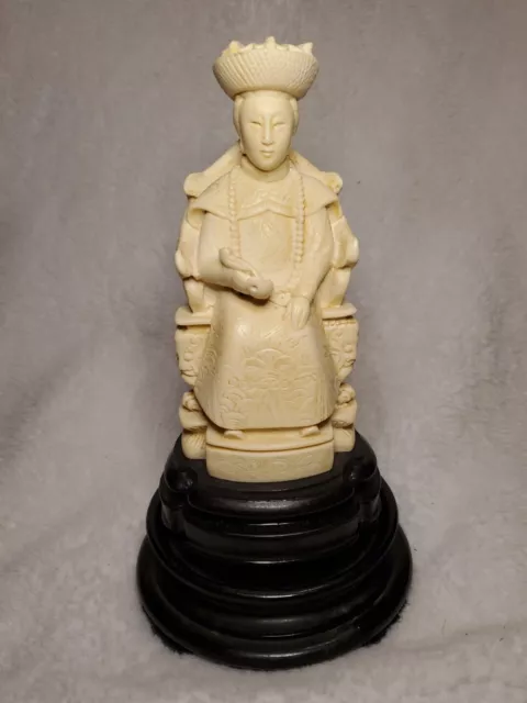 Chinese Hand-Carved Resin Emperor & Empress Figures 9" With Glass & wooden Base