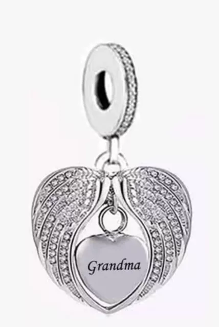 Grandma Memorial Angel Wing Heart Charm 💜 Genuine 925 Sterling Silver