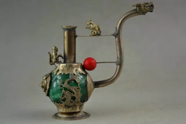 Old Miao Silver & Green Jade Carving Dragon Phoenix Lion Monkey Smoking Tool