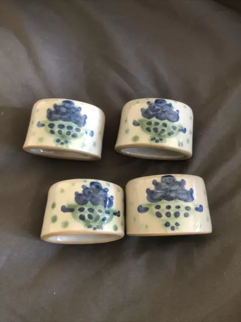 Set of Four M. A. Hadley Pottery Charming Napkin Rings: Blueberry