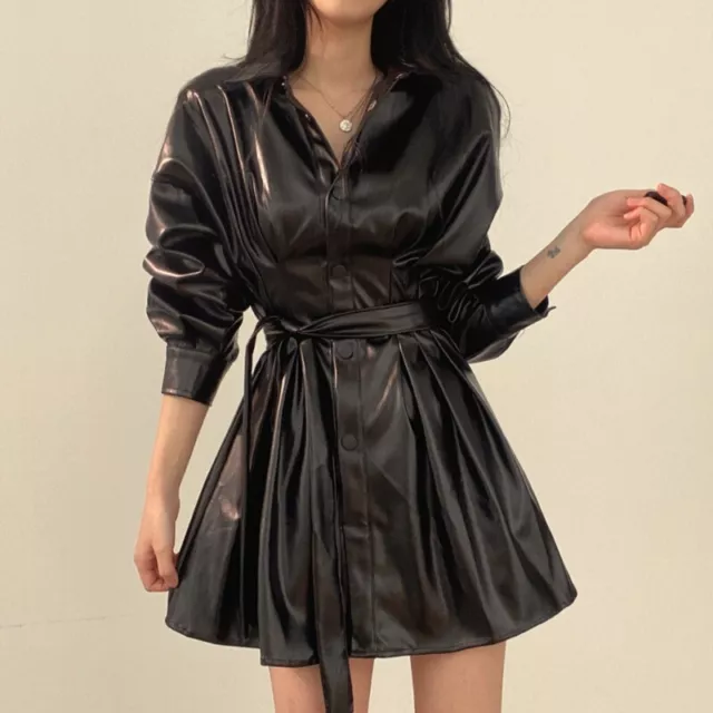 Donna Corto Mini Camicia Abiti Similpelle PU Fibbia Allacciate Cintura Punk Rock