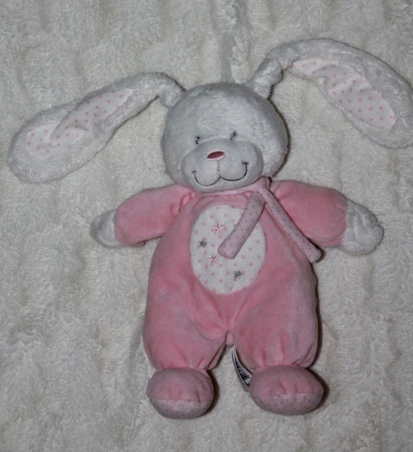 Doudou Tex Baby Lapin  Rose Blanc Etoile 26 Cm