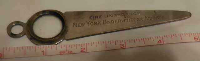 1 Fire Insurance New York Underwriters Agency Letter Opener Magnifier VTG ad