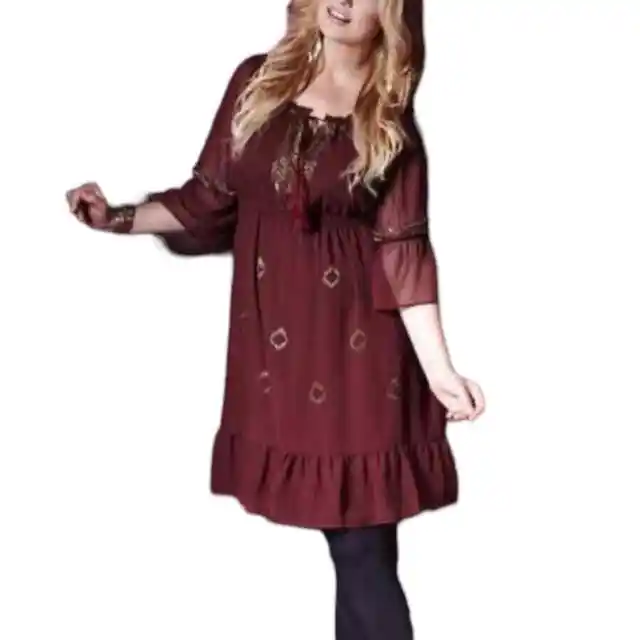 Anna Scholz For Simply Be Maroon Beaded Embroidered Flowy Sheer Overlay Dress 20