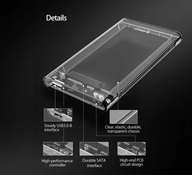 Hard Drive Enclosure 2.5 Inch USB 3.0 SATA Case External Clear Caddy HDD SSD 2