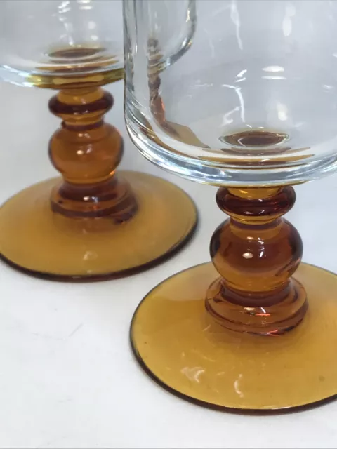 Pair Vintage 6” High Amber Stemmed French Champagne / Aperitif Glasses 3