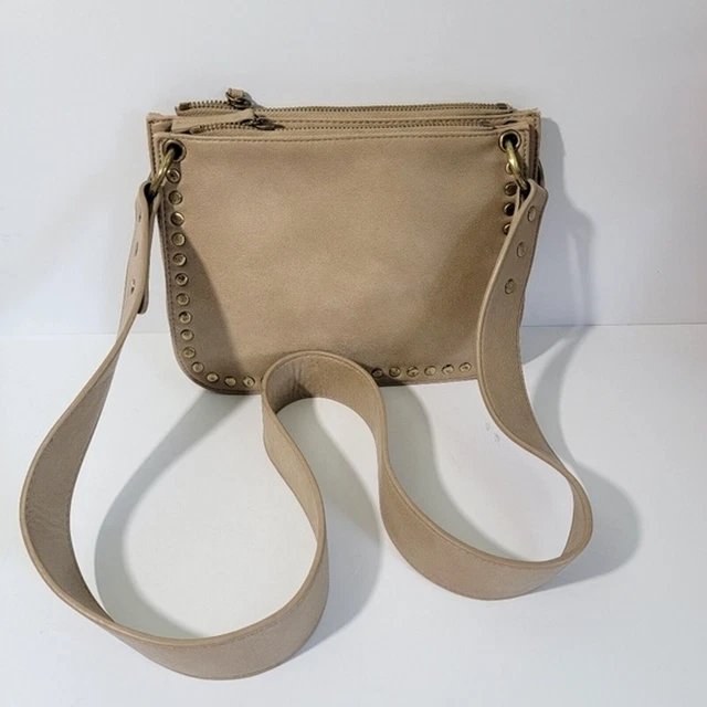 Anthropologie Beige Neutral Studded Double Pockets Zip Closure Crossbody Bag