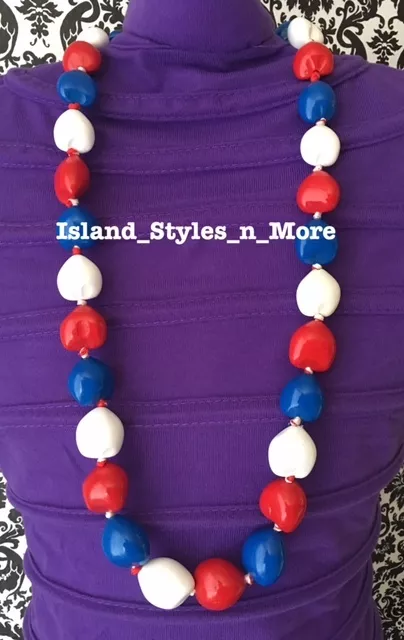 Hawaii Wedding Kukui Nut Lei Graduation Luau Hula Party Necklace RED WHITE BLUE