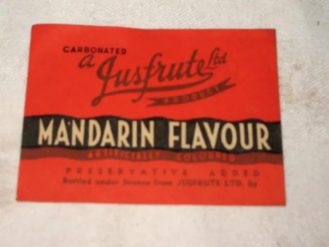 Old 60's Generic Jusfrute Mandarin Flavour Cordial Soft Drink Bottle Paper Label