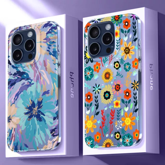 Phone Case For iPhone 15 14 Pro Max 13 12 11 Shockproof Floral Clear Slim Cover