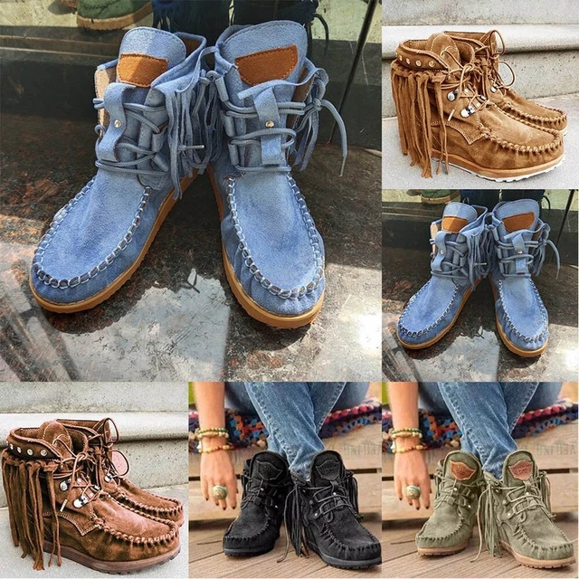 Stivali mocassino donna alla moda con stivaletti frange per giornate fresche