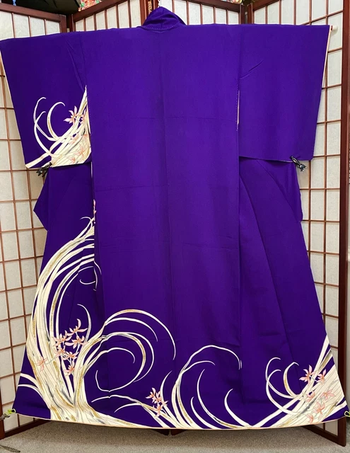 Vintage Ultramarine Silk Kimono with Pink Flowers and White Grass
