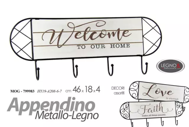 Appendino Appendiabiti Metallo-Legno 46*18*4 Cm 4 Ganci Vari Decori Mog-799983