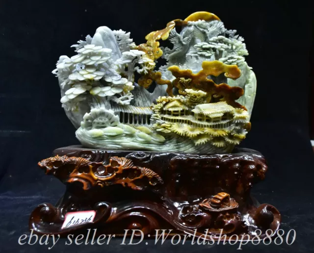 14.4" Chinese Natural Xiu jade Carved Fengshui Mountain Tree Bird Statue