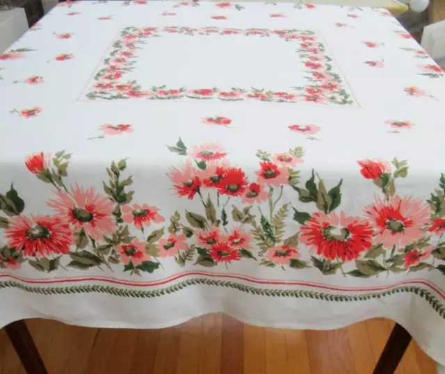 Vintage Linen Tablecloth 49" x 51" Ivory w/ Floral Print  in Peach Orange Green