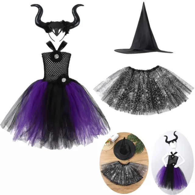 Kids Girls Witch Costume Fancy Dress Up Outfit Horn Headband Children Halloween