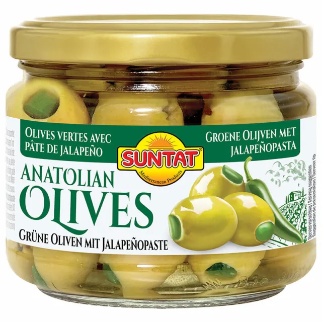 SUNTAT Grüne Oliven mit Jalapenopaste 310 g Оливки без косточек Oliven gefühlt