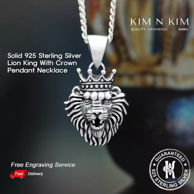 Lion King With Crown Pendant Necklace Free engraving ✔ Solid 925 Silver✔Quality