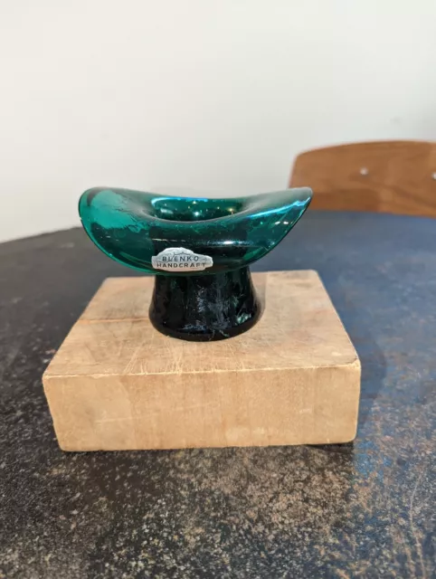 BLENKO Art Glass Hand Blown Green Crackle Glass Small Vase Mini Top Hat Sticker