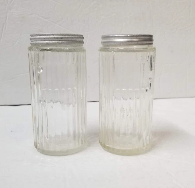 2 Hoosier Cabinet Spice Jars Vintage Ribbed Glass Metal Lids