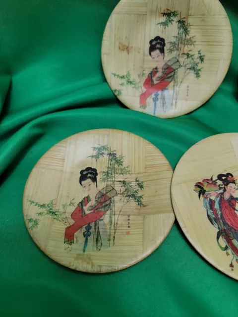 5 Bamboo Chinese Plates 4” Diameter Vintage Taiwan Women In Traditional Costume 2