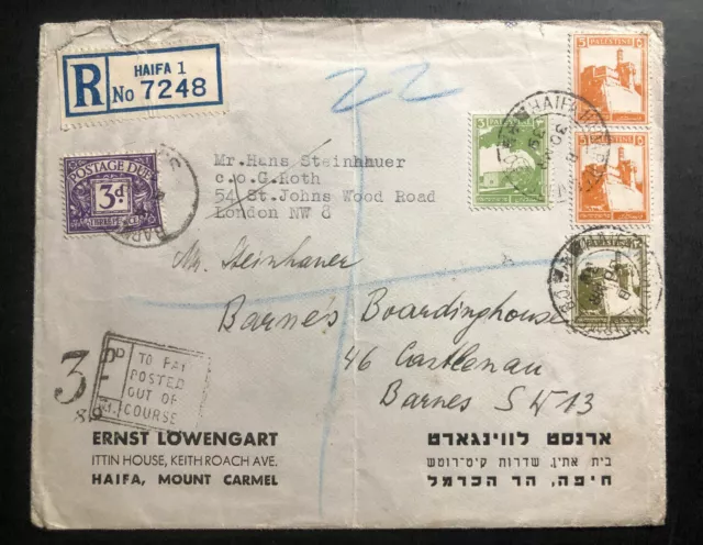 1939 Haifa Palestine Postage Due Commercial Cover to Barnes England