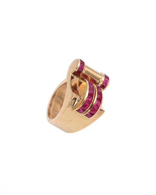 Bague Tank Or 18 Carats Jaune Sertie Rubis Et Diamants (1,60 Ct) - Poids 11,82 G - Taille 56